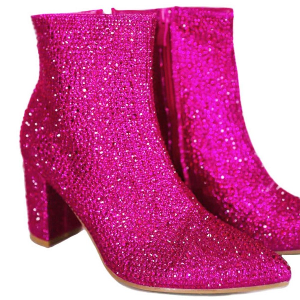New Fuchsia Pink Blingy Rhinestone  Point Toe Ankle Boots Booties